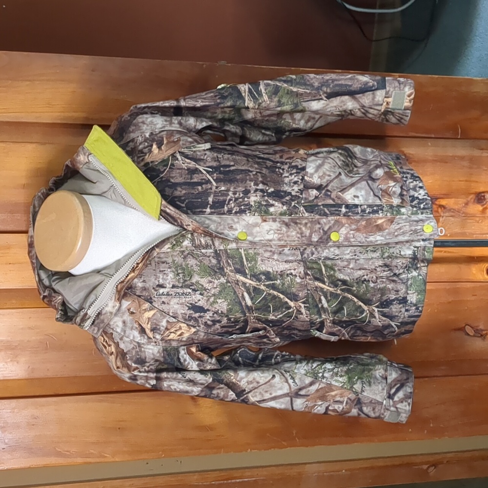 CABELA'S* dry fit camo jacket lined 6pckt zip/snap front dbl placket visor hood